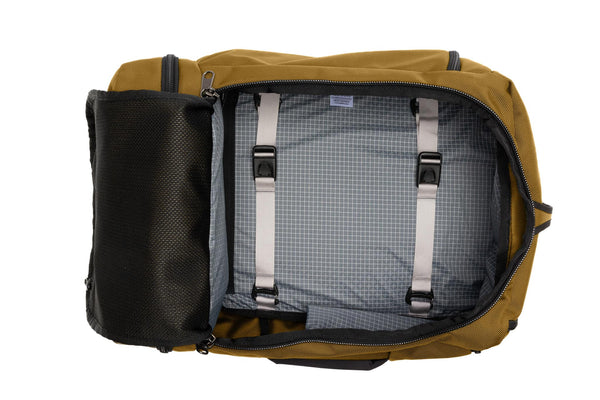 An open Techonaut 45 with a Coyote (tan) exterior and a Northwest Sky (grey) interior.